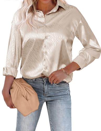 Beyove Damen Bluse Satin Seide V-Ausschnitt Hemden Elegant Langarm Business Oberteile mit Knöpfen Tops Lose Langarmshirt Beige Muster M von Beyove