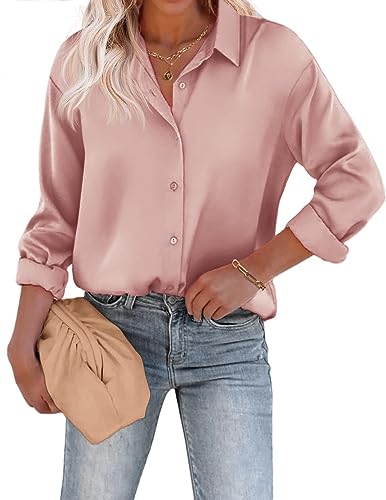 Beyove Damen Bluse Satin Seide V-Ausschnitt Hemden Elegant Langarm Business Oberteile mit Knöpfen Tops Lose Langarmshirt Rosa L von Beyove