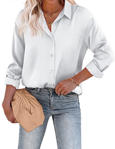 Beyove Damen Bluse Satin Seide V-Ausschnitt Hemden Elegant Langarm Business Oberteile mit Knöpfen Tops Lose Langarmshirt Weiß L von Beyove