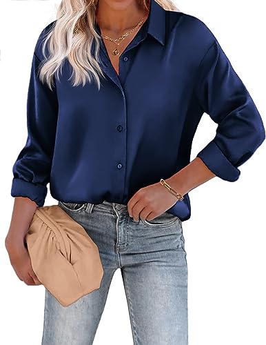 Beyove Damen Bluse Satin Seide V-Ausschnitt Hemden Elegant Langarm Business Oberteile mit Knöpfen Tops Lose Langarmshirt Marine M von Beyove