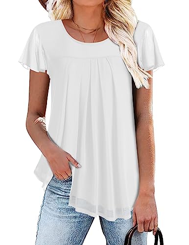 Beyove Blusentops Damen Falten Kurzarm Tunika Doppellagig Rundhals Shirt Ausgestellte BlusentopWeiß Blusenshirt Locker Oberteil XL von Beyove