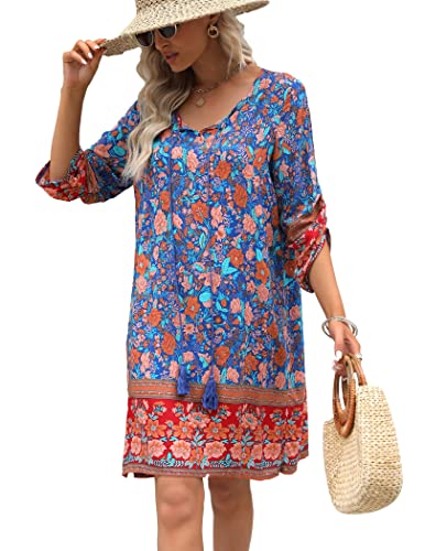 Beyove Damen Bohemian Tunika Kleid Strandkleid Tunikakleider Vintage Strandtunika 3/4-Arm Rundhals Kleid Blumenmuster Kurzes Sommerkleider Tops Blume XXL von Beyove