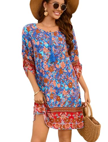 Beyove Damen Bohemian Tunika Kleid Strandkleid Tunikakleider Vintage Strandtunika 3/4-Arm Rundhals Kleid Blumenmuster Kurzes Sommerkleider Tops Blumenklei M von Beyove