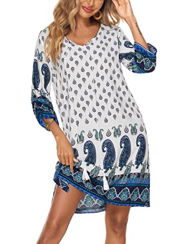 Beyove Damen Bohemian Tunika Kleid Strandkleid Tunikakleider Vintage Strandtunika 3/4-Arm Rundhals Kleid Blumenmuster Kurzes Sommerkleider Tops Weiß L von Beyove