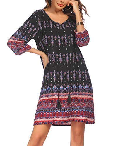 Beyove Damen Bohemian Tunika Kleid Strandkleid Tunikakleider Vintage Strandtunika 3/4-Arm Rundhals Kleid Blumenmuster Kurzes Sommerkleider Tops Muster 2 L von Beyove