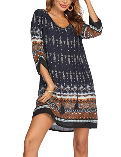 Beyove Damen Bohemian Tunika Kleid Strandkleid Tunikakleider Vintage Strandtunika 3/4-Arm Rundhals Kleid Blumenmuster Kurzes Sommerkleider Tops Muster 5 L von Beyove