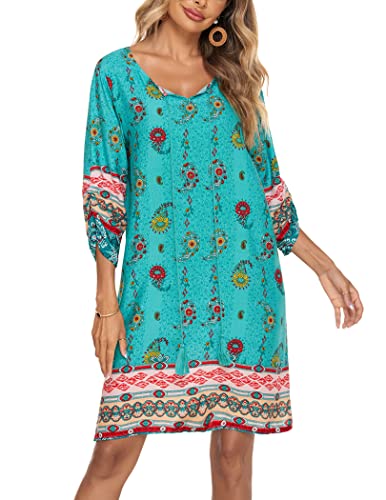 Beyove Damen Bohemian Tunika Kleid Strandkleid Tunikakleider Vintage Strandtunika 3/4-Arm Rundhals Kleid Blumenmuster Kurzes Sommerkleider Tops Muster 9 L von Beyove