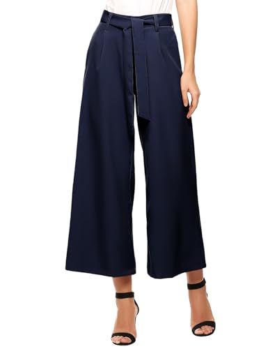 Beyove Damen Culotte 7/8 Weite Hose Sommerhose Schlaghose Elegante Business Hosen Gestreifte Anzughosen Palazzo Hose Sommerhose mit Gürtel Dunkelblau L von Beyove