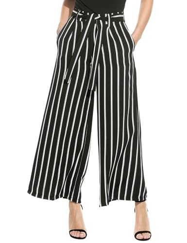 Beyove Damen Culotte 7/8 Weite Hose Sommerhose Schlaghose Elegante Business Hosen Gestreifte Anzughosen Palazzo Hose Sommerhose mit Gürtel S von Beyove