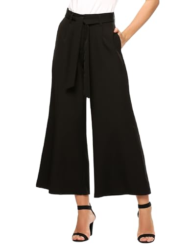Beyove Weite Hosen Damen Sommer Leicht Freizeithosen Hohe Taille Solide Loose Fit Palazzo Hose 7/8 Elegant Bequem Anzughosen mit Gürtel Schwarz XXL von Beyove