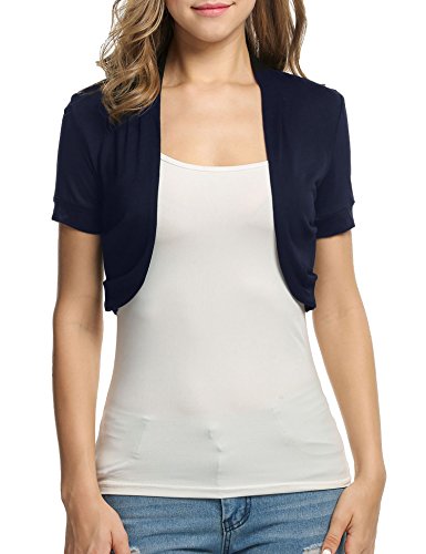 Beyove Damen Kurz Bolero Strickjacke Cardigan Schulterjäckchen Kurzarm Plissierten Seiten Boleroshrug Weiches Material Navy Blau XS von Beyove