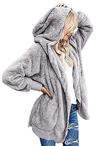 Beyove Plüchjacke Damen Teddy Mantel Frau Wintermantel Kurzmantel Hoodie Warm Cardigan Kapuzenjacke Winterjacke mit Taschen Grau S von Beyove