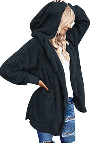 Beyove Plüchjacke Damen Teddy Mantel Frau Wintermantel Kurzmantel Hoodie Warm Cardigan Kapuzenjacke Winterjacke mit Taschen Blau XL von Beyove