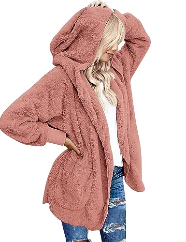 Beyove Damen Mantel Plüschjacke Teddy Oversize Wintermantel Frau Hoodie Warm Cardigan Kapuzenjacke mit Taschen Winterjacke Rosa L von Beyove