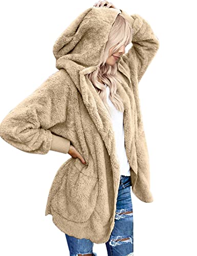 Beyove Plüchjacke Damen Teddy Mantel Frau Wintermantel Kurzmantel Hoodie Warm Cardigan Kapuzenjacke Winterjacke mit Taschen Beige XXL von Beyove