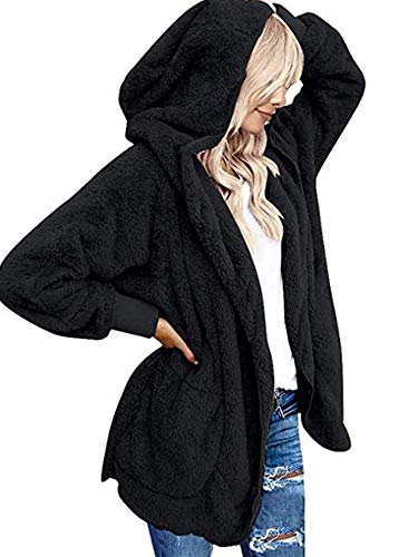 Beyove Damen Mantel Plüschjacke Cardigan Hoodie Jacke Strickjacke Oversize Winterjacke Langarm Wintermantel Kapuzenjacke mit Taschen Schwarz XL von Beyove