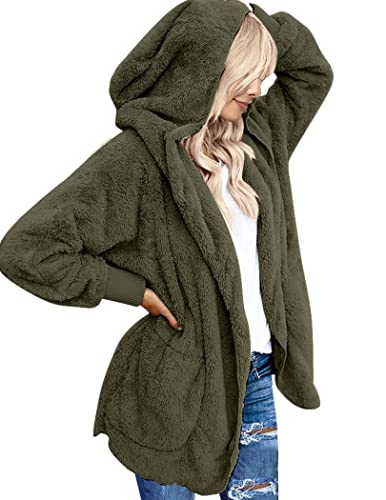 Beyove Damen Mantel Plüschjacke Teddy Oversize Wintermantel Frau Hoodie Warm Cardigan Kapuzenjacke mit Taschen Winterjacke Armeegrün M von Beyove