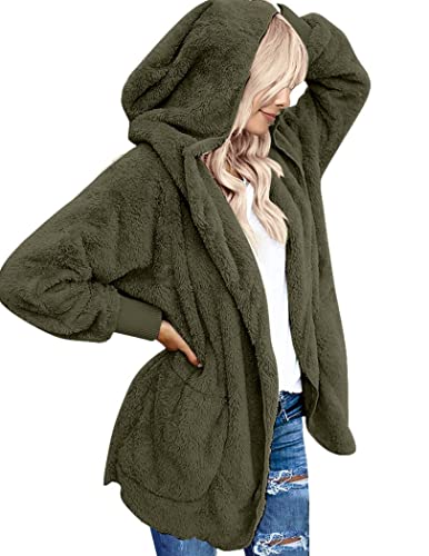 Beyove Damen Plüschjacke Hoodie Jacke Warm Fleecejacke Teddy Mantel Oversize Herbstjacke Strickjacke Langarm Wintermantel Cardigan Kapuzenjacke mit Taschen Armeegrün S von Beyove