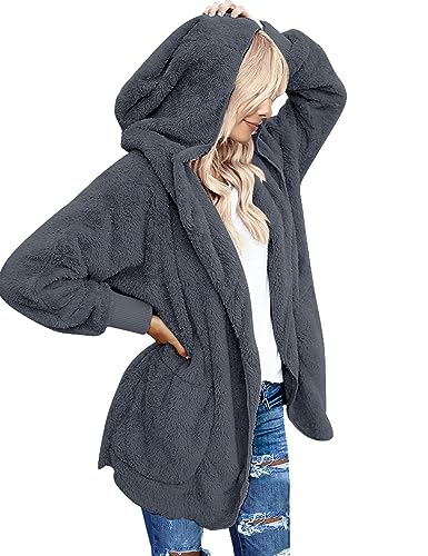 Beyove Damen Mantel Plüschjacke Teddy Oversize Wintermantel Frau Hoodie Warm Cardigan Kapuzenjacke mit Taschen Winterjacke Dunkelgrau M von Beyove