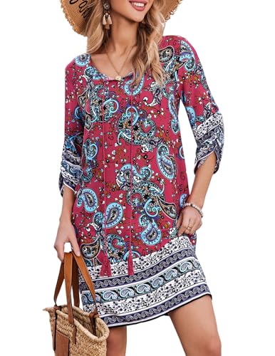 Beyove Damen Strandkleid Bohemian Tunika Kleid Sommer Tunikakleider Vintage Strandtunika 3/4-Arm Rundhals Kleid Blumenmuster Kurzes Sommerkleider Tops XL von Beyove