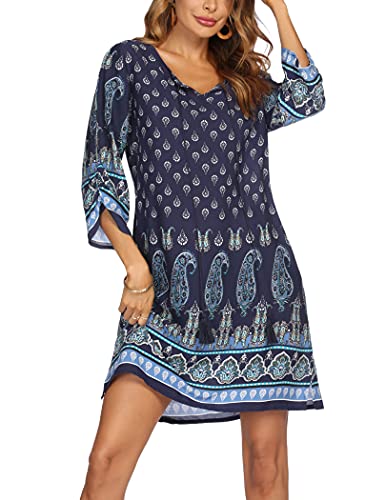 Beyove Damen Tunika Kleid Sommer Bohemian Strandkleid Tunikakleider Vintage Strandtunika 3/4-Arm Rundhals Kleid Blumenmuster Kurzes Sommerkleider Tops XXL von Beyove