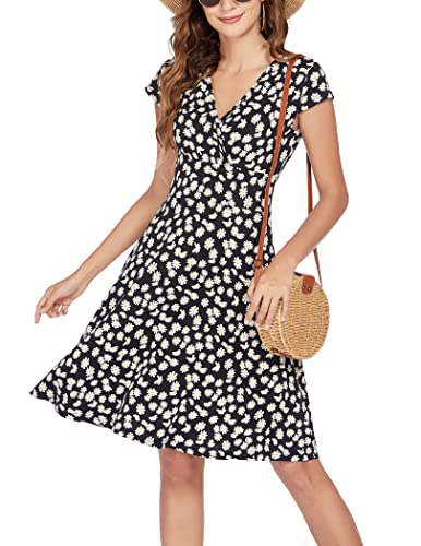 Beyove Damen V-Ausschnitt Kleid Kurzarm Casual Kleider Sommerkleid Floral Party Kleid Wickelkleid Kurzarm S 36 von Beyove