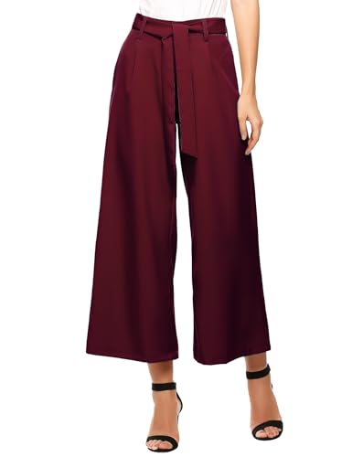 Beyove Damen Weite Hose 7/8 Sommerhose High Waist Elegant Business Hosen Schlaghose Gestreifte Anzughosen Palazzo Hose mit Gürtel Weinrot S von Beyove