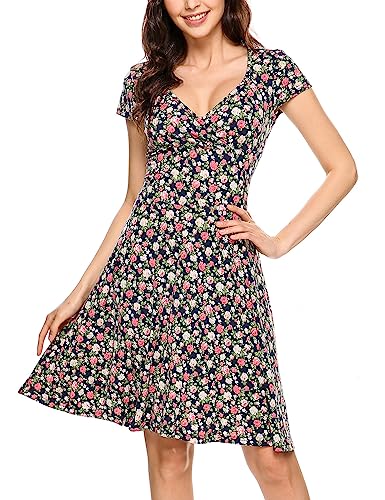 Beyove Damen Jersey Kleid Blumen Skaterkleid V-Ausschnitt Sommerkleider Muster Jerseykleid Sexy Kurz oder Langarm A-blau XXL von Beyove