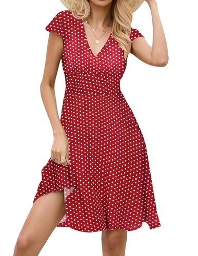 Beyove Kleid A Linie Damen Blümchenkleider Knielang Sommerkleid Kurzarm Wickelkleid Floral Jerseykleider Elegant Casual Rot 44 XXL von Beyove