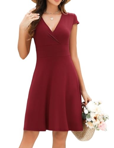 Beyove Kleid A Linie Damen Blümchenkleider Knielang Sommerkleid Kurzarm Wickelkleid Floral Jerseykleider Elegant Casual Weinrot 44 XXL von Beyove