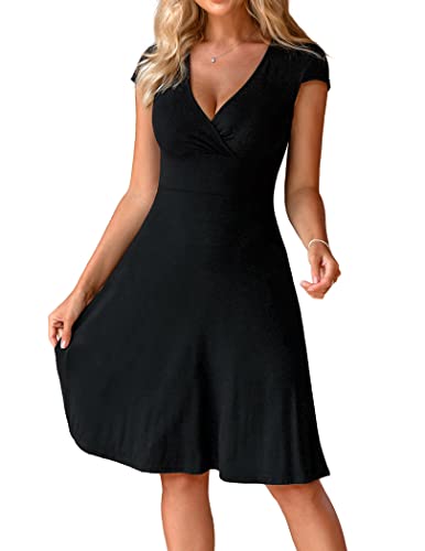 Beyove Kleid Damen Schwarz Knielang Kurzarm Elegant V-Ausschnitt Midikleid Casual Wickelkleid Sommer Strandkleid 42 XL von Beyove