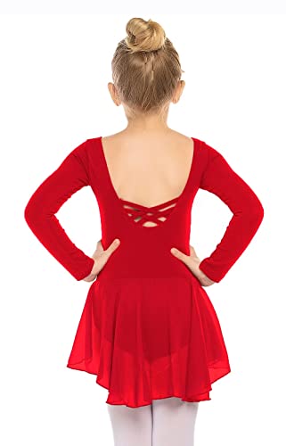 Beyove Mädchen Ballettkleidung Rückenfrei Ballettkleid Baumwolle Langarm Balletttrikot Ballettanzug Kinder Tanzkleid Tanzbody mit Rock Tütü Rot 120 von Beyove