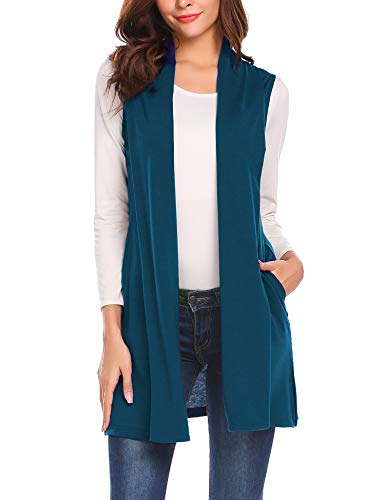 Beyove Strickjacke Ärmellose Damen Lange Elegant Westen, Blau Grün, XL von Beyove