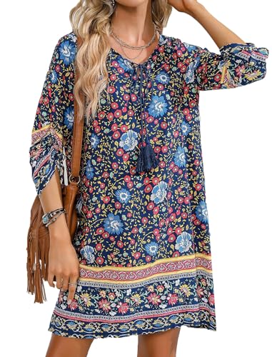 Beyove Damen Bohemian Tunika Kleid Blumen Strandkleid Tunikakleider Vintage Strandtunika 3/4-Arm Sommerkleider Tops XL von Beyove