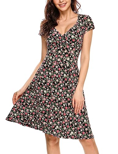 Beyove Sommerkleid Damen Kurzarm V-Ausschnitt Knielang Blumenmuster Midi Kleid 44 XXL von Beyove