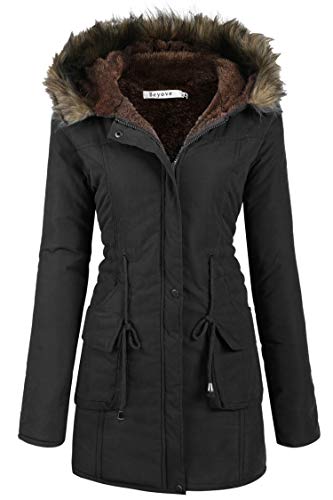 Beyove Winterparka Damen Winterjacke Herbst Mäntel Lang Parka Winter Jacke Warm mit Fellkapuze, Schwarz, XXL von Beyove