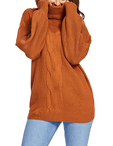 Beyove Damen Pullover Rollkragen Pulli Oversized Strickpullover Casual Sweatshirt Loose Rollkragenpullover Sweater Rolli Winter, Braun, S von Beyove