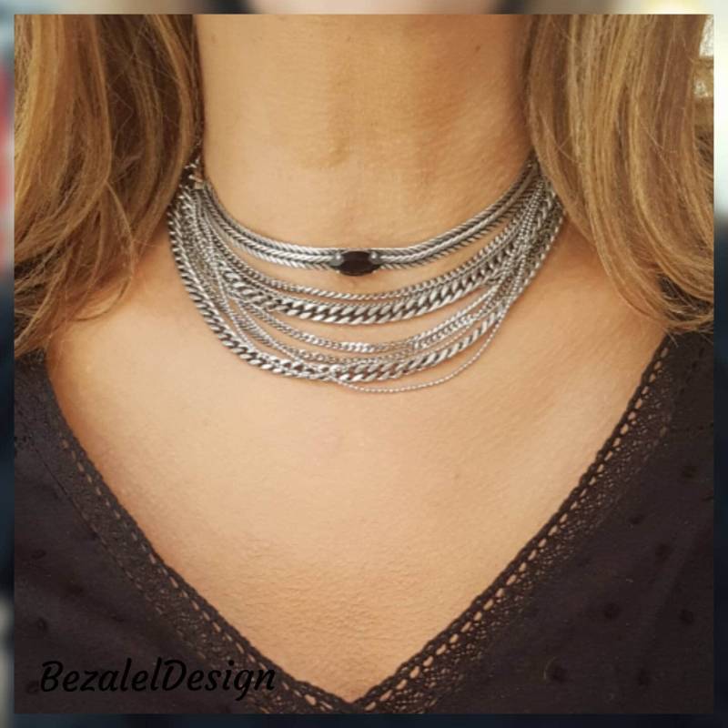 Mehrreihige Silberkette Black Diamond, Goth Punk Schmuck von BezalelDesignShop