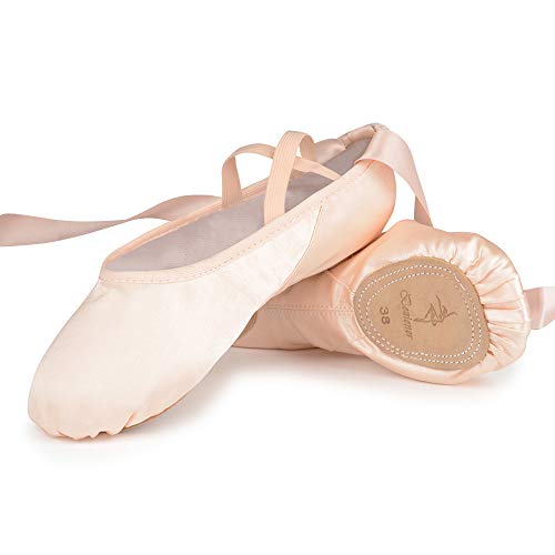 Ballettschuhe Rosa Ballettschläppchen Tanzschuhe aus Satin mit Band Geteilte Ledersohle für Kinder und Erwachsene 26 EU von Bezioner