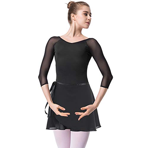 Bezioner Ballettanzug Mädchen 3/4 Arm Gymnastikanzug Damen Trikot Turnanzug (Schwarz mit Rock, M=150cm-155cm) von Bezioner