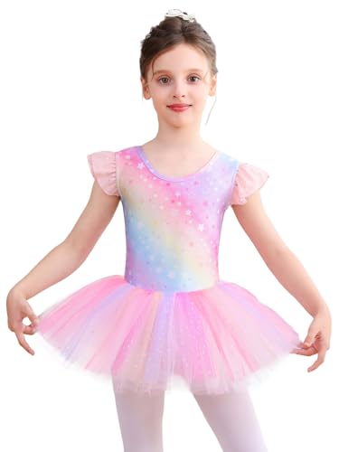 Bezioner Ballettkleid Mädchen Gedruckt Ballettkleidung Funkelnd Tanzkleid Ballettanzug Balletttrikot Kurzarm Tütü Kinder Regenbogen 110 von Bezioner