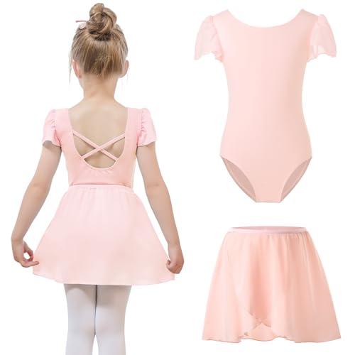 Bezioner Ballettkleidung mädchen mit Abnehmbarem Ballettrock Tanzbody Puffärmel Balette Kleidung Mädchen Ballettanzug Kinder Rosa 110 (4-6 Jahre, 110-120 cm) von Bezioner