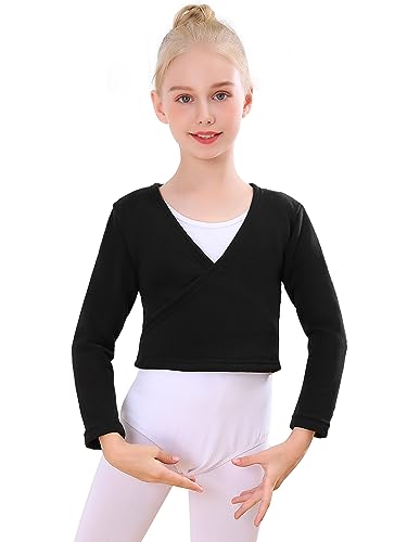 Bezioner Kinder Ballett Wickeljacke Mit Fleece Gymnastik Tanz Ballettjacke Lange Ärmel für Mädchen Damen Schwarz M(110-130cm) von Bezioner