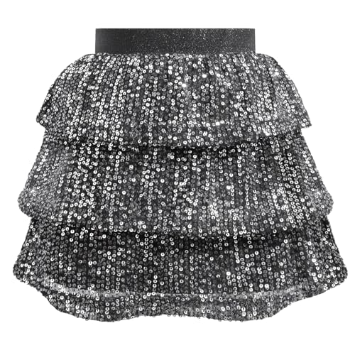 Bezioner Pailletten Rock Glitzer Rock Mädchen Glänzende Rüschenrock A-Linie Prinzessin Rock Karneval Party Rave Outfit Schwarz/Silber 110 von Bezioner