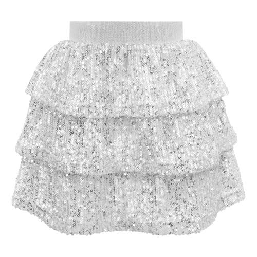 Bezioner Pailletten Glitzer Rock für Mädchen - Glänzende Rüschen A-Linie Prinzessin Rock für Karneval Party Rave Outfit - Silber 120 von Bezioner