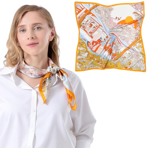 Bezioner Seidentuch 100% Maulbeerseide Schal Damen Seidentuch Haare 68x68cm Bandana Halstuch Quadratisch Kopftuch Mädchen Orange/Gelb/Blau von Bezioner