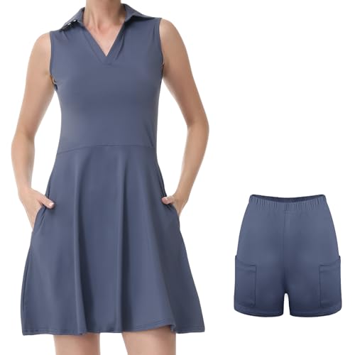 Bezioner Tenniskleid Damen mit Shorts A-Linie Sportkleid Frauen Ärmellos Golfkleid Damen mit 4 Taschen Tennis Outfit Marineblau XXL von Bezioner