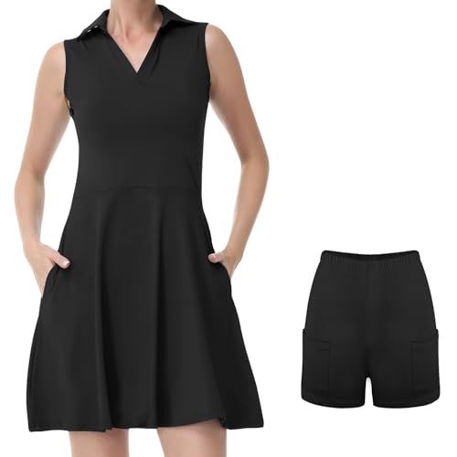 Bezioner Tenniskleid Damen mit Shorts A-Linie Sportkleid Frauen Ärmellos Golfkleid Damen mit 4 Taschen Tennis Outfit Schwarz L von Bezioner