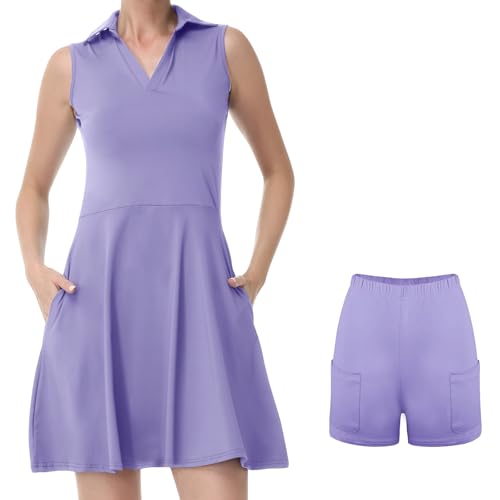 Bezioner Tenniskleid Damen mit Shorts A-Linie Sportkleid Frauen Ärmellos Golfkleid Damen mit 4 Taschen Tennis Outfit Voilett M von Bezioner