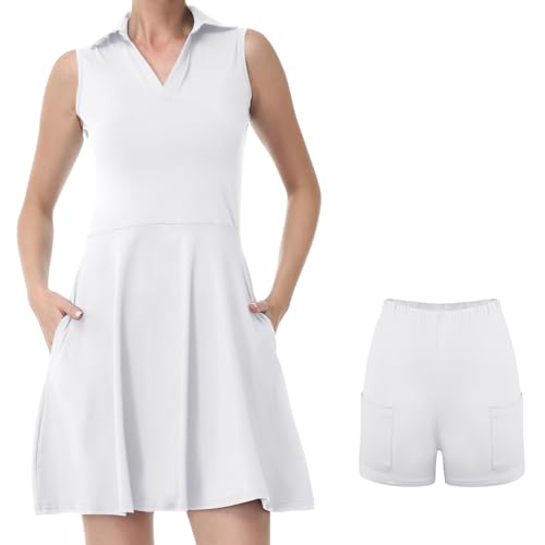 Bezioner Tenniskleid Damen mit Shorts A-Linie Sportkleid Frauen Ärmellos Golfkleid Damen mit 4 Taschen Tennis Outfit Weiß L von Bezioner
